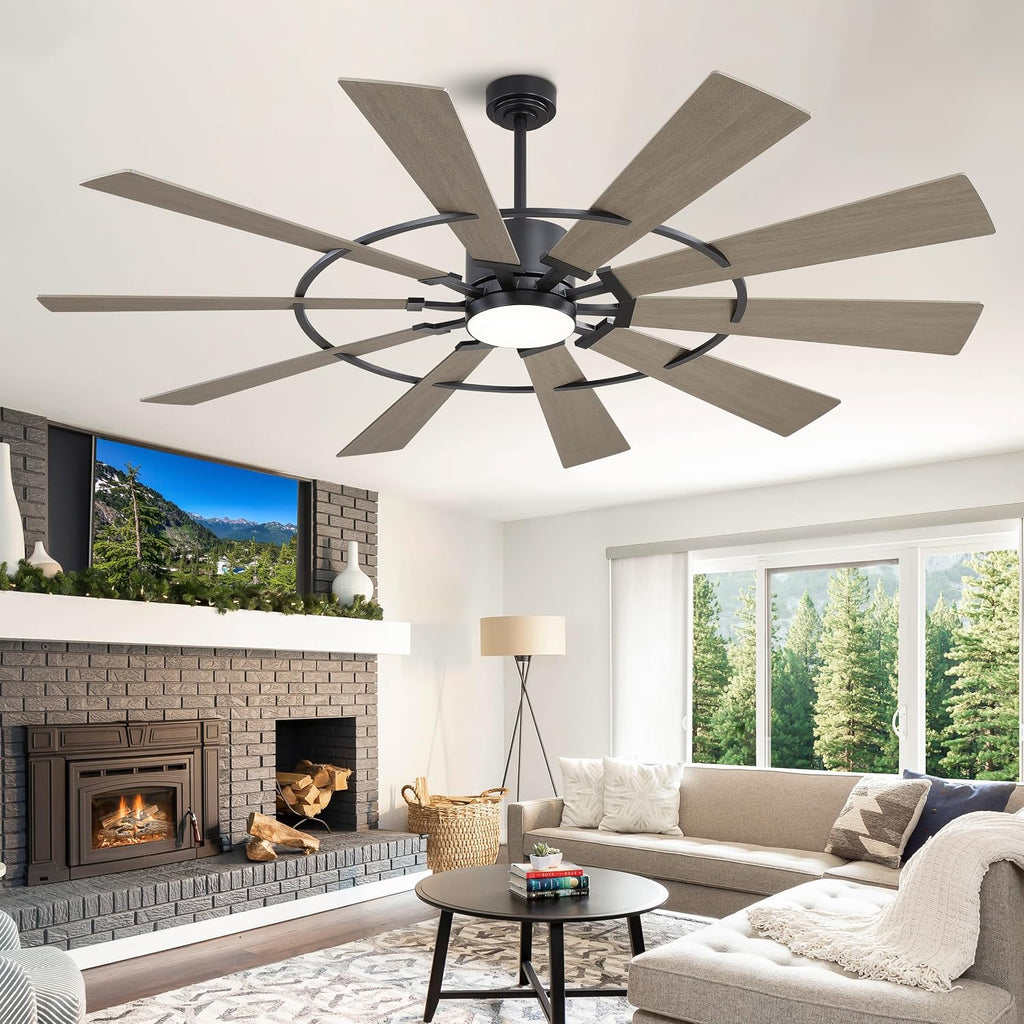 WINGBO 72' Windmill Ceiling Fan with Lights, 3 Downrod, 6-Speed Reversible DC Motor, 3CCT, 10 Blade Indoor Farmhouse DC Ceiling Fans for Kitchen Bedroom Living Room Patio, Matte Black and Grey