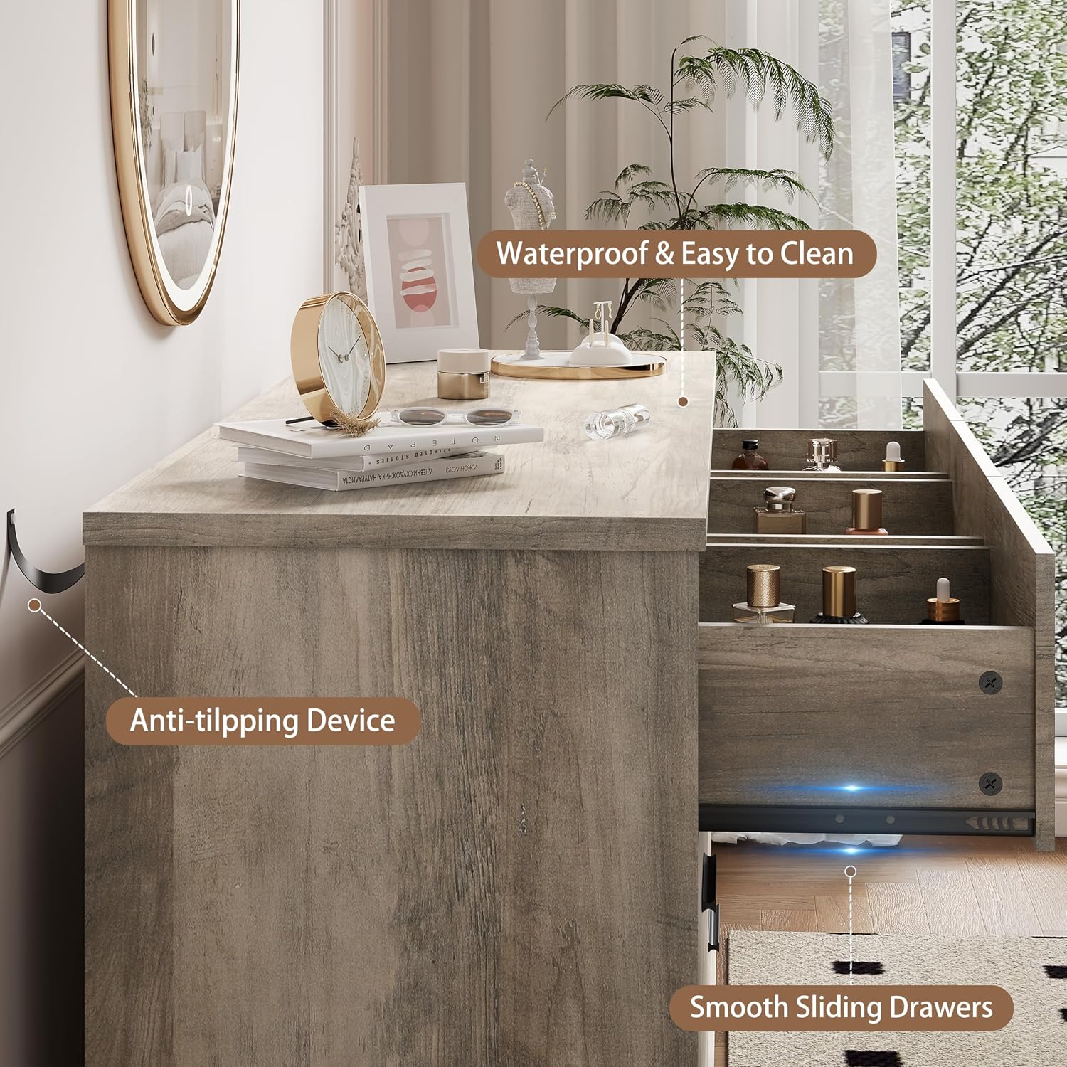 Xixini Dresser for Bedroom with 7 Drawer, Wood Modern Chest of Drawers with X-Shaped Sturdy Base, Wide Double Dresser Closet Clothes Storage Organizer, Wooden TV Stand for Living Room, Hallway, Grey