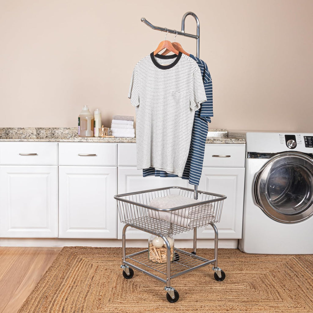 Household Essentials 6028-1 Rolling Laundry Cart with Hanging Bar - Chrome Finish, STORAGE, Metallic