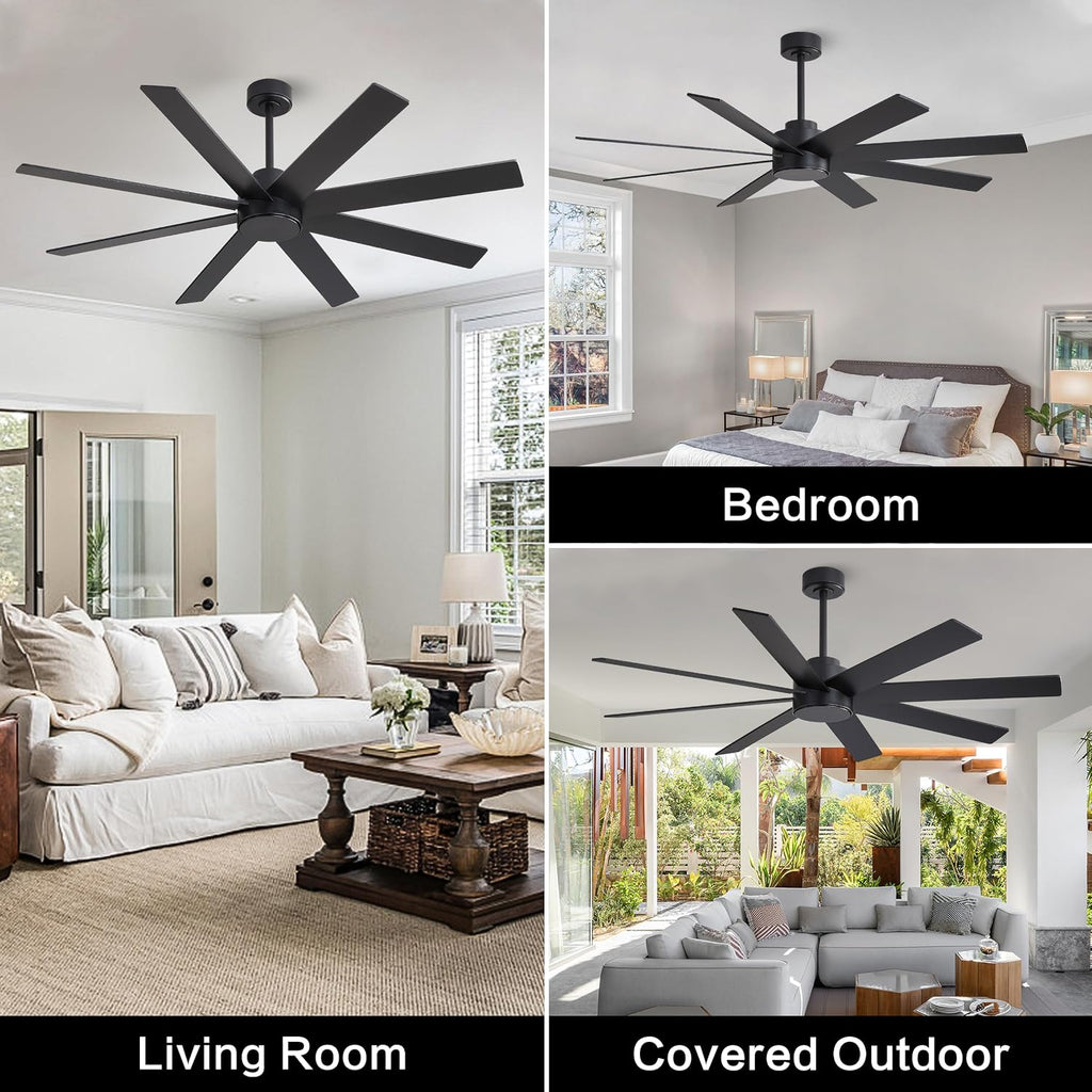 WINGBO 72' Large DC Ceiling Fans without Lights, 3 Downrods, 8 Plywood Blades, 6-Speeds Reversible DC Motor, Indoor Ceiling Fan No Lights for Bedroom Living Room Patio, Black