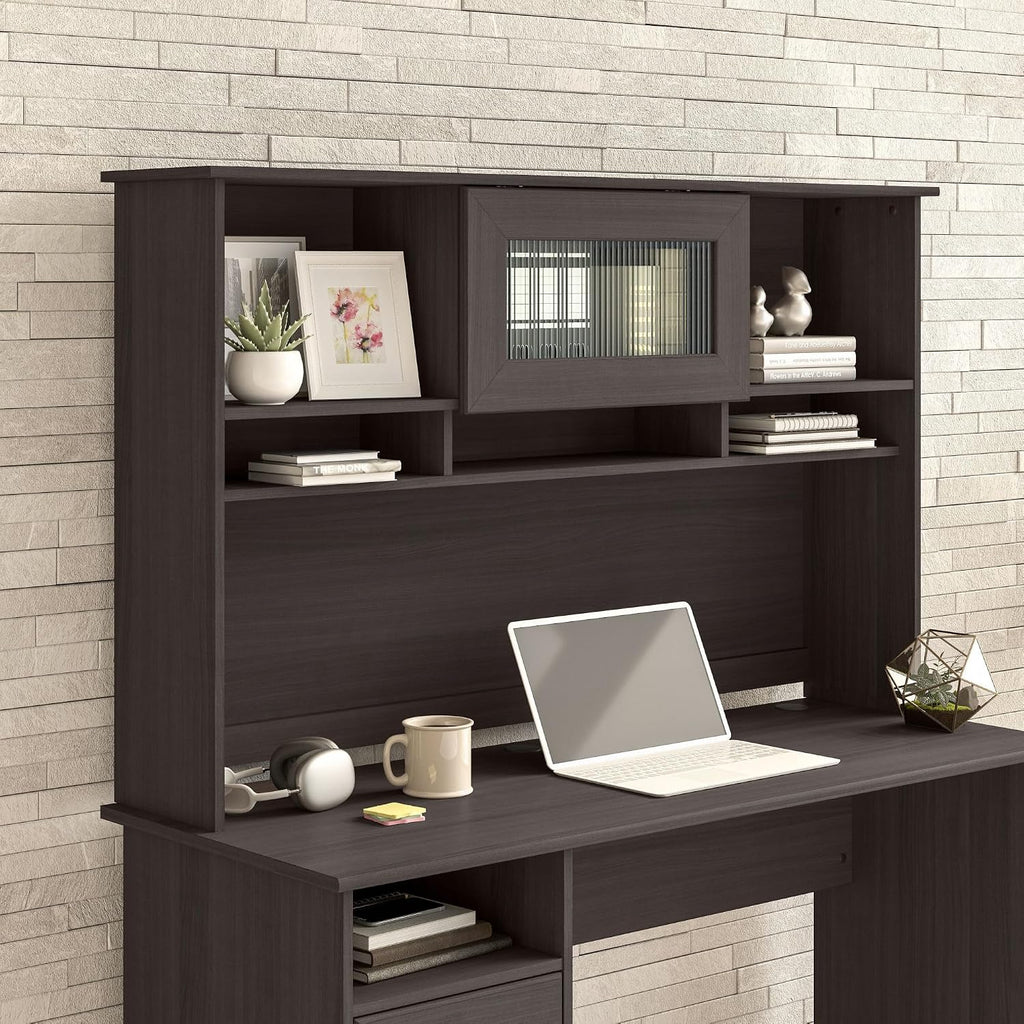 Bush Home Cabot 60W Desk Hutch in Heather Gray, Attachment with Shelves and Cabinet for Home Office