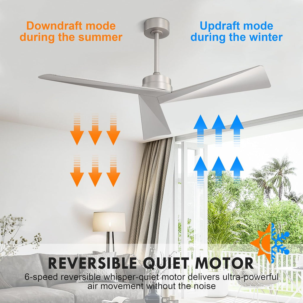 WINGBO 52' DC Ceiling Fan without Lights, Bruhsed Nickel Ceiling Fan with Remote, 3 ABS Plastic Blades, 6 Speed Reversible DC Motor, Ceiling Fans No Light for Kitchen Bedroom Living Room