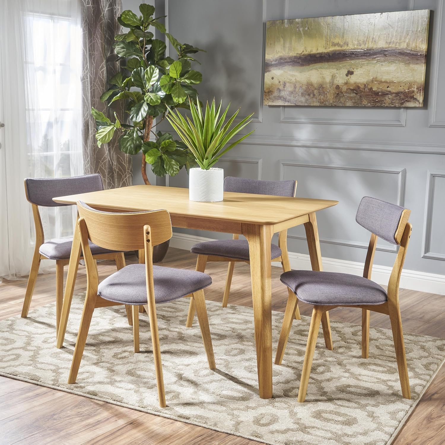 Christopher Knight Home Megann Mid-Century Wood Dining Set with Fabric Chairs, 5-Pcs Set, Natural Oak / Dark Grey