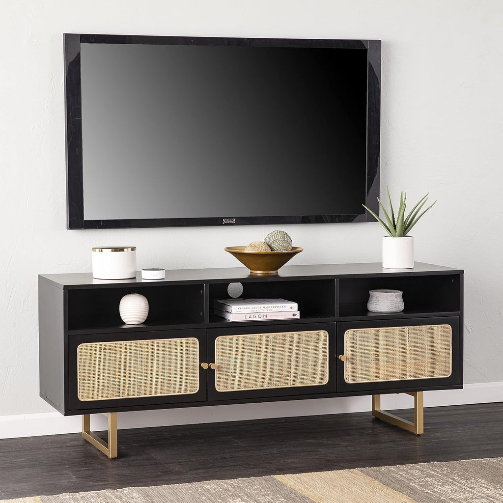 SEI Furniture - Mursley Media Cabinet with Storage - Transitional Design, Black Rattan - Ideal for Living Room, Family Room (MS1222613)