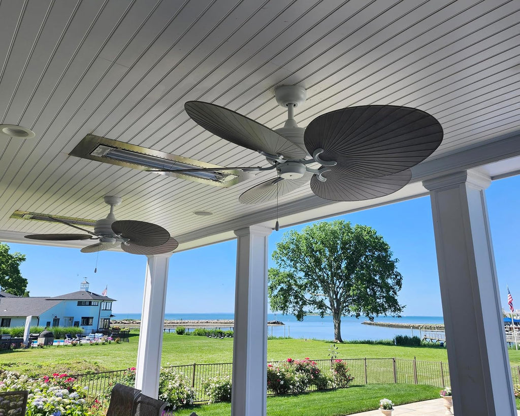 Hinkley Tropic Air 52' Indoor and Outdoor Ceiling Fan, Five Blades, DC 4 Speed Motor, Matte White and Palm-Shaped Weathered Wood Composite Fan Blades