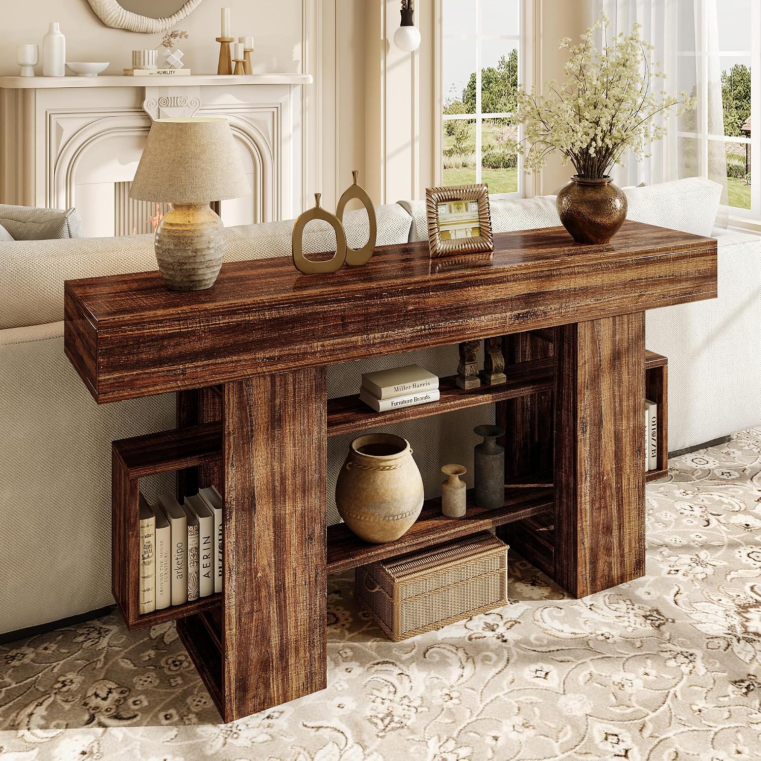 Einhomn 63 Inch Long Console Table for Entryway, Farmhouse Wooden Sofa Table Behind Couch with 3-Tier Storage Shelf, Narrow Entry Accent Table for Living Room, Hallway, Foyer, Rustic Brown