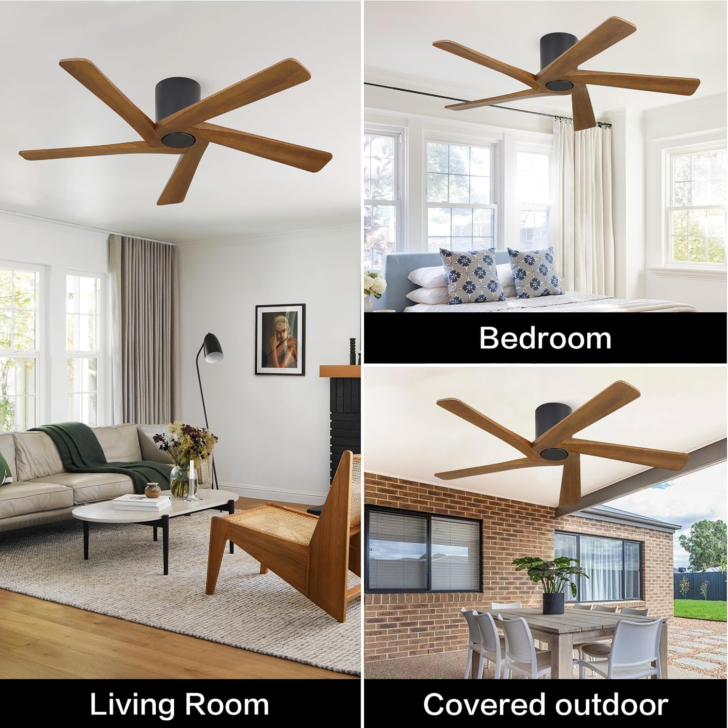 WINGBO 48 Inch Flush Mount DC Ceiling Fan without Lights, 5 Reversible Carved Wood Blades, 6-Speed Noiseless DC Motor, Hugger Ceiling Fan No Lights in Matte Black Finish with Walnut Blades, ETL Listed