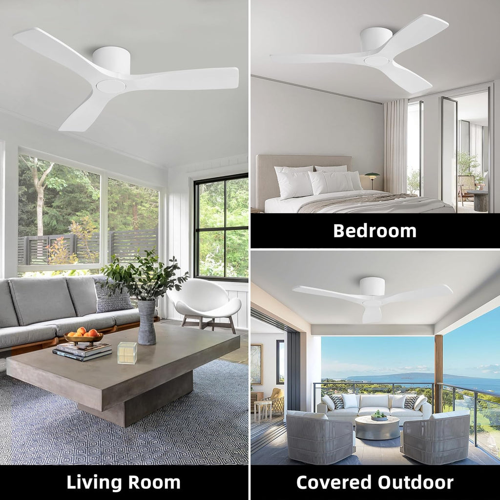 WINGBO 48 Inch Flush Mount DC Ceiling Fan without Lights, 3 Carved Wood Blades, 6-Speed Noiseless Reversible DC Motor, Hugger Ceiling Fan No Lights in Gloss White Finish, ETL Listed