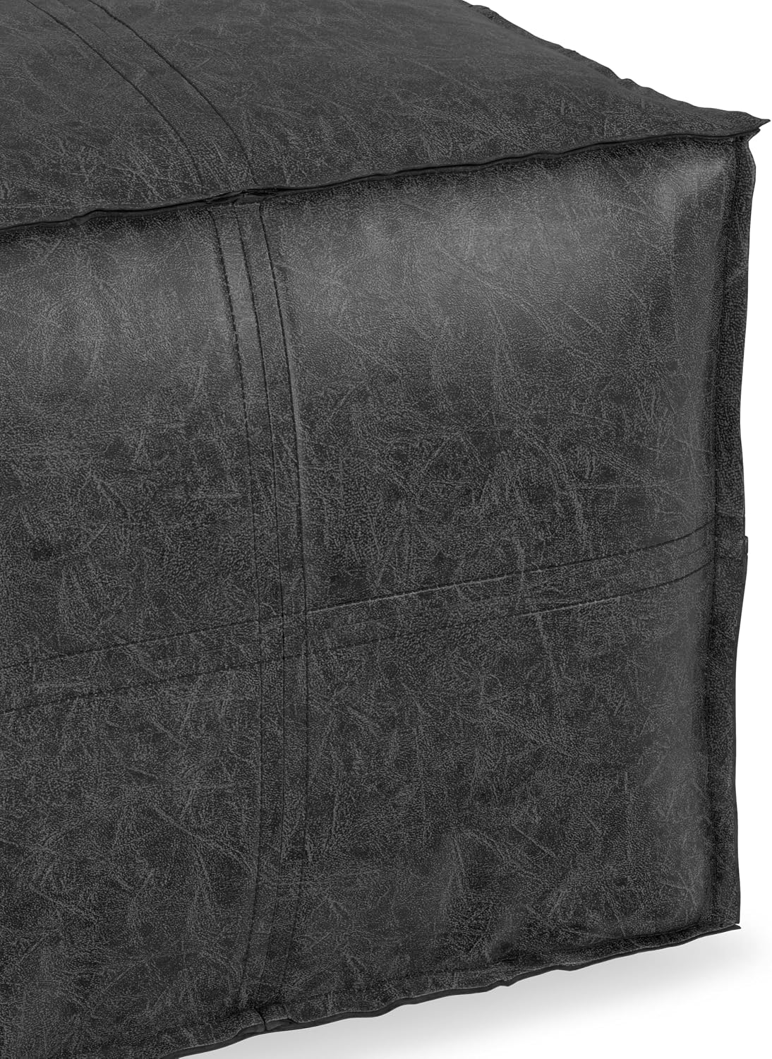 SIMPLIHOME Brody Square Pouf - 18' Wide x 14' High Upholstered Vegan Leather Ottoman in Distressed Black, Boho Footstool, Coffee Table or Extra Seating for Living Room or Bedroom, Assembled