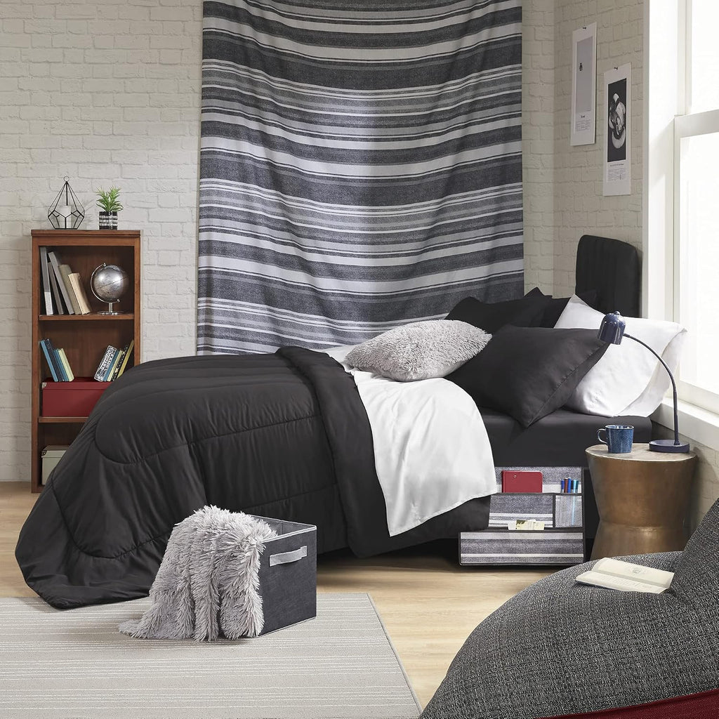 Comfort Spaces 17 Piece Bed in A Bag Comforter Set Include Sheets with 2 Side Pockets - All Season Cozy Bedding and Bedroom Organizer, College Dorm Room Essentials, Queen, Vincent, Black