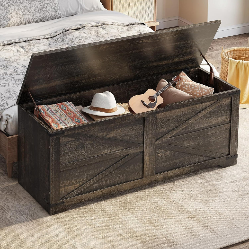 DWVO Storage Bench, 47.2' Farmhouse Storage Chest with 2 Safety Hinges, Wooden Storage Organizer, Shoe Bench for Entryway, Bedroom, Living Room, Dark Rustic Oak