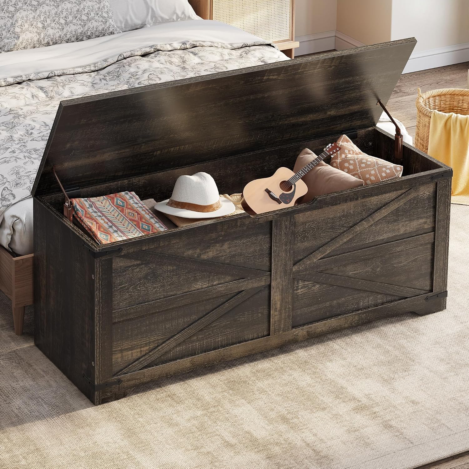 DWVO Storage Bench, 47.2' Farmhouse Storage Chest with 2 Safety Hinges, Wooden Storage Organizer, Shoe Bench for Entryway, Bedroom, Living Room, Dark Rustic Oak