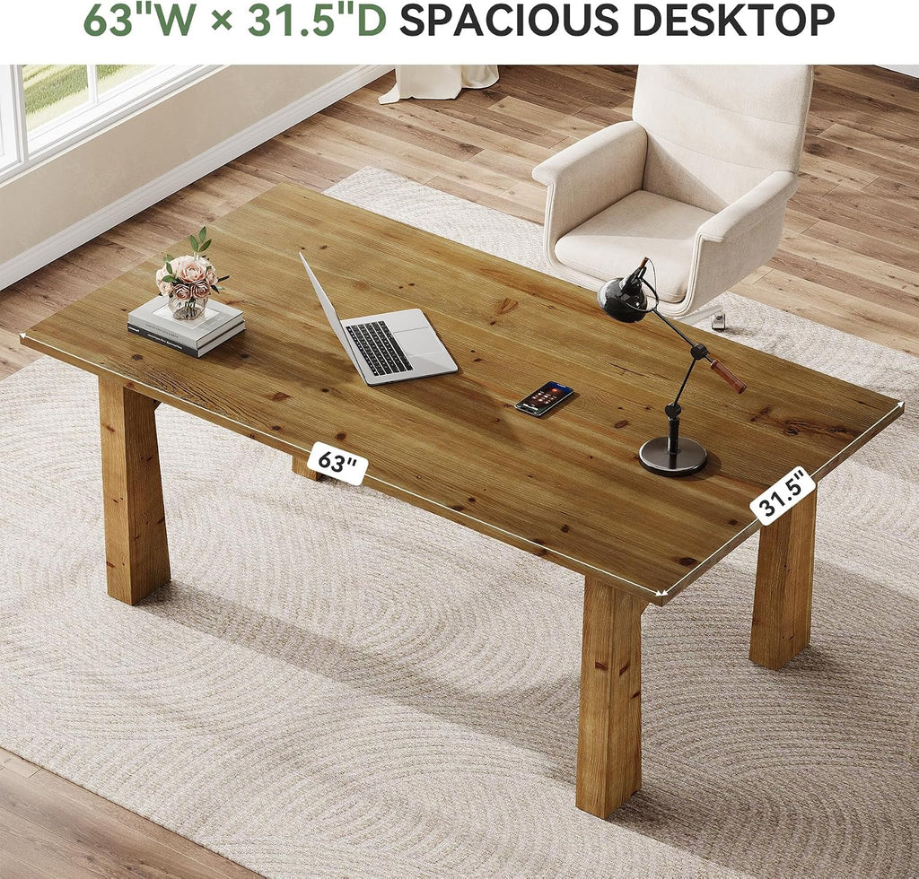 Solid Wood Executive Desk, 63-Inch Computer Desk with Sturdy Wooden Legs, Farmhouse Workstations Writing Table Conference Table Business Furniture for Home Office