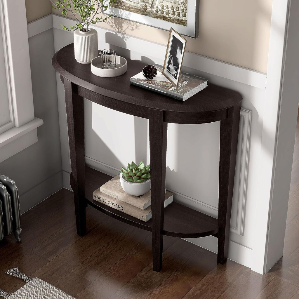 Homes: Inside + Out Payne Modern Half Moon Accent Console Table with Storage Shelf, Decorative Entryway Furniture for Living Room, Hallway, Entrance, Small Spaces, Cappuccino