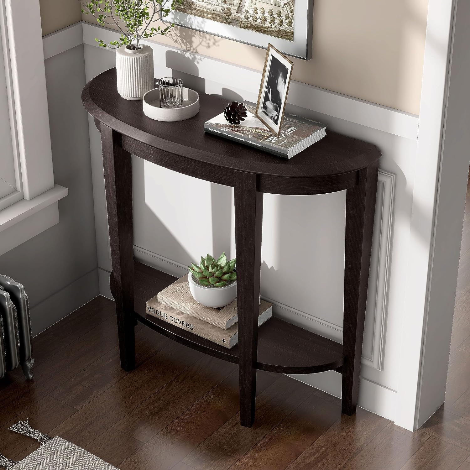 Homes: Inside + Out Payne Modern Half Moon Accent Console Table with Storage Shelf, Decorative Entryway Furniture for Living Room, Hallway, Entrance, Small Spaces, Cappuccino