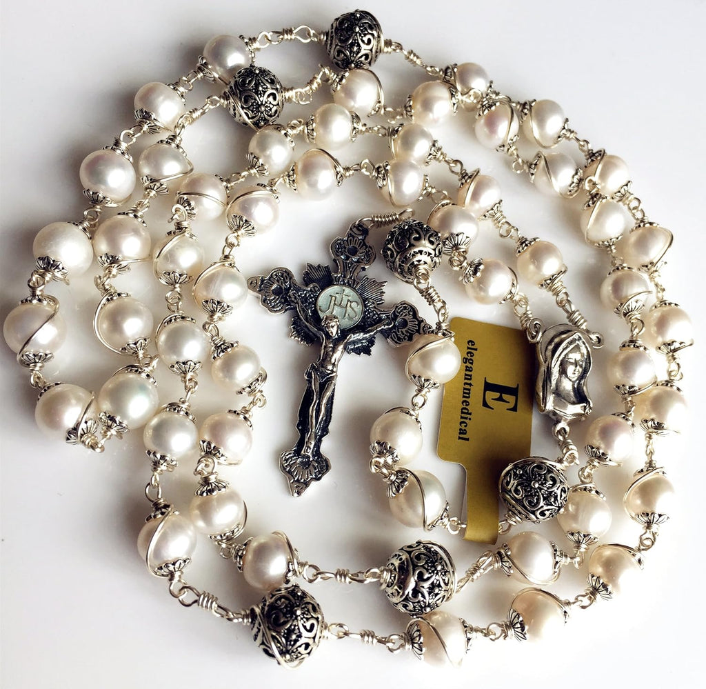 elegantmedical Wire Wraped Bali 925 Sterling Silver Pearl Beads Rosary Necklace Cross