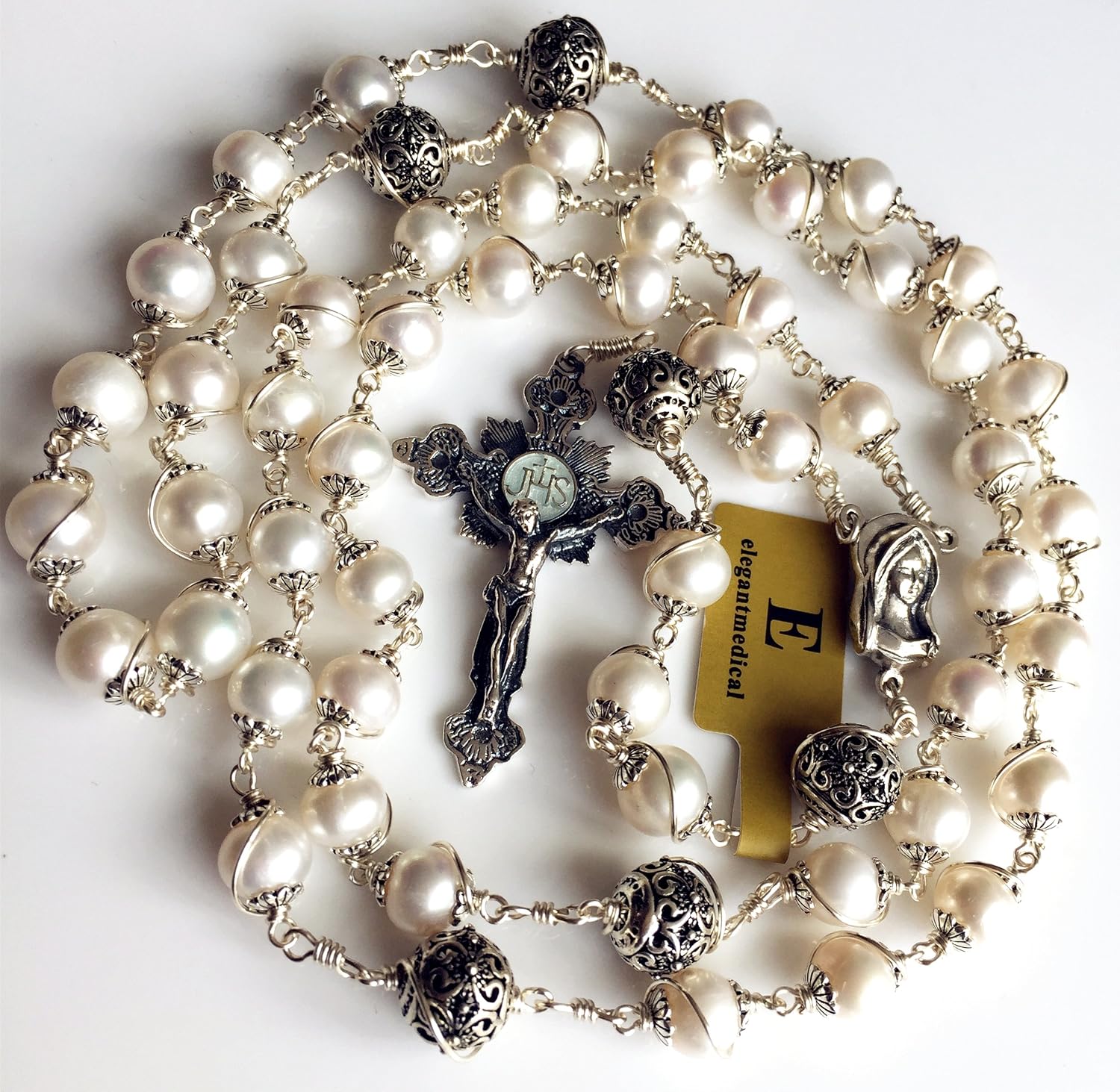 elegantmedical Wire Wraped Bali 925 Sterling Silver Pearl Beads Rosary Necklace Cross