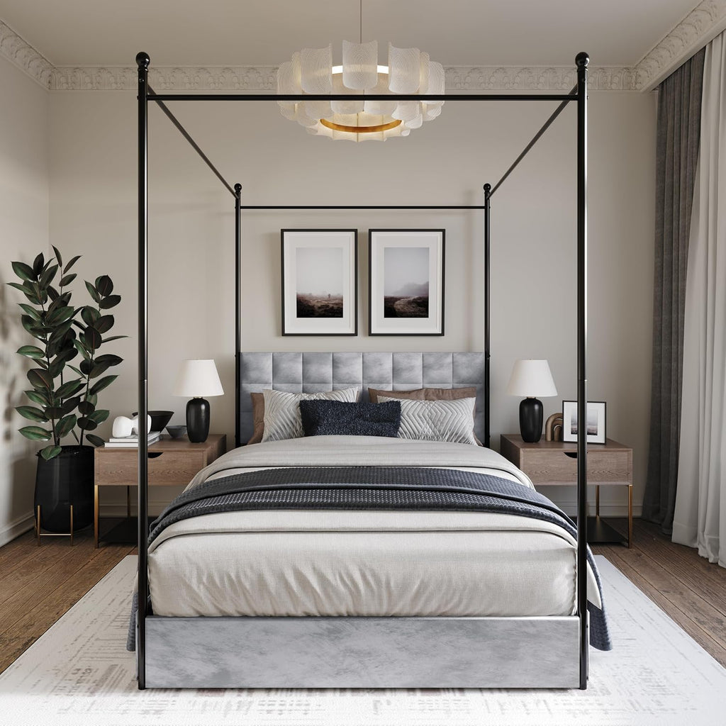 HOME DESIGN Hobart Upholstered Metal Storage Canopy Bed King with Square-Tufted Velvet Headboard & 4 Drawers, Modern Platform Bed with Foam Padding