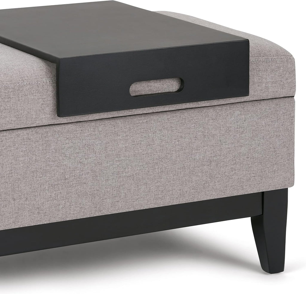 SIMPLIHOME Oregon Storage Ottoman Bench with Tray - 42 inch Wide Upholstered Linen Look Fabric Rectangle Storage Ottoman Bench in Cloud Grey, Transitional Tufted Ottoman for Living Room with Lift Top