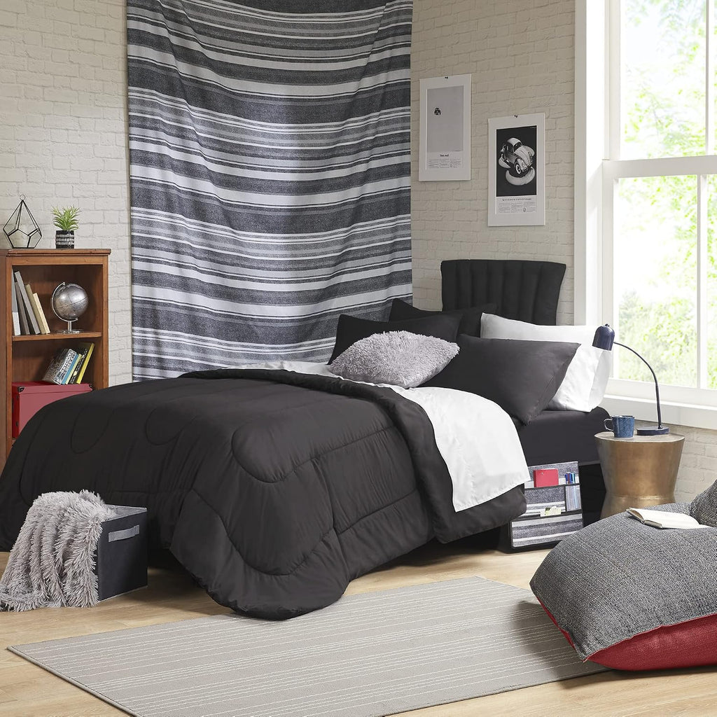 Comfort Spaces 17 Piece Bed in A Bag Comforter Set Include Sheets with 2 Side Pockets - All Season Cozy Bedding and Bedroom Organizer, College Dorm Room Essentials, Queen, Vincent, Black