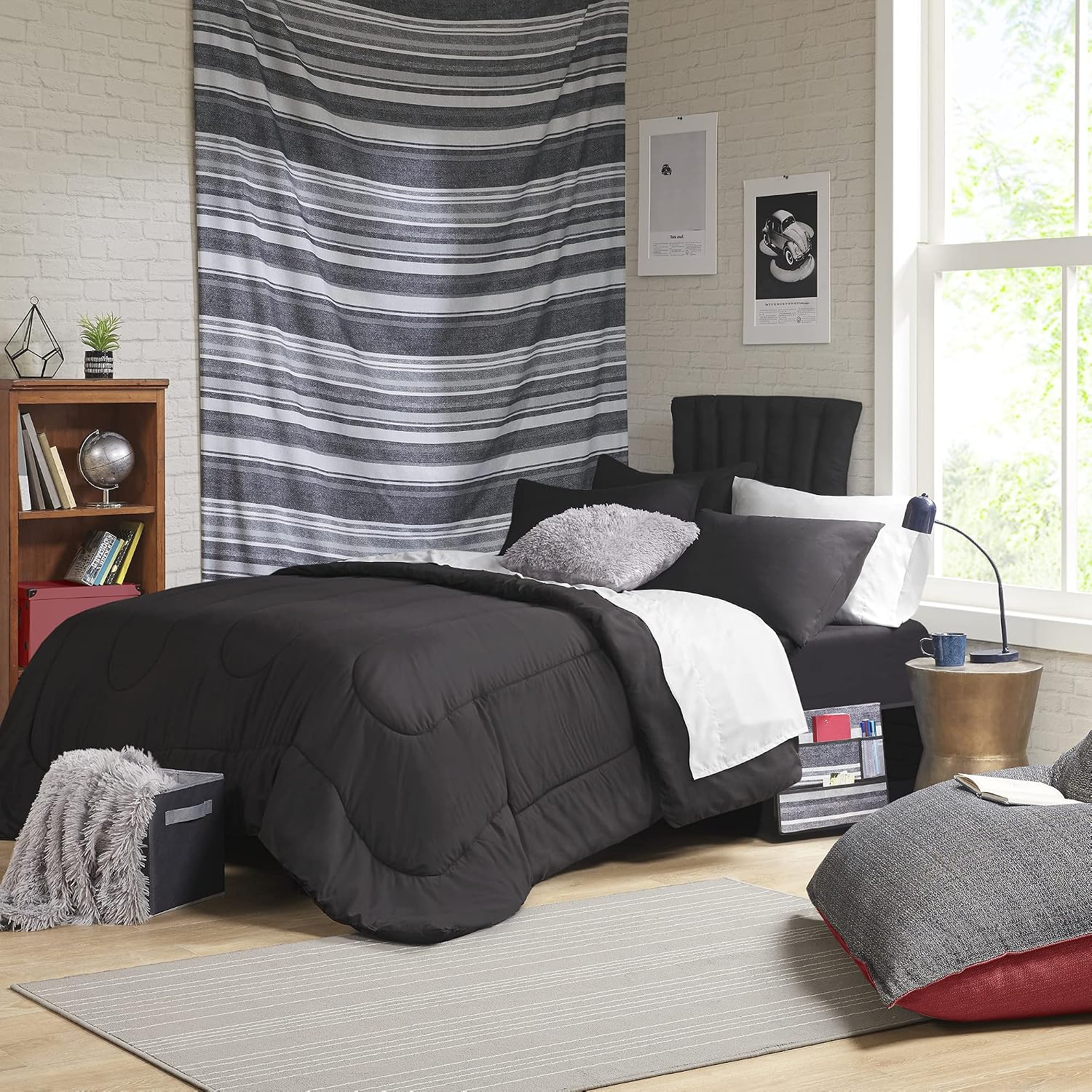 Comfort Spaces 17 Piece Bed in A Bag Comforter Set Include Sheets with 2 Side Pockets - All Season Cozy Bedding and Bedroom Organizer, College Dorm Room Essentials, Queen, Vincent, Black