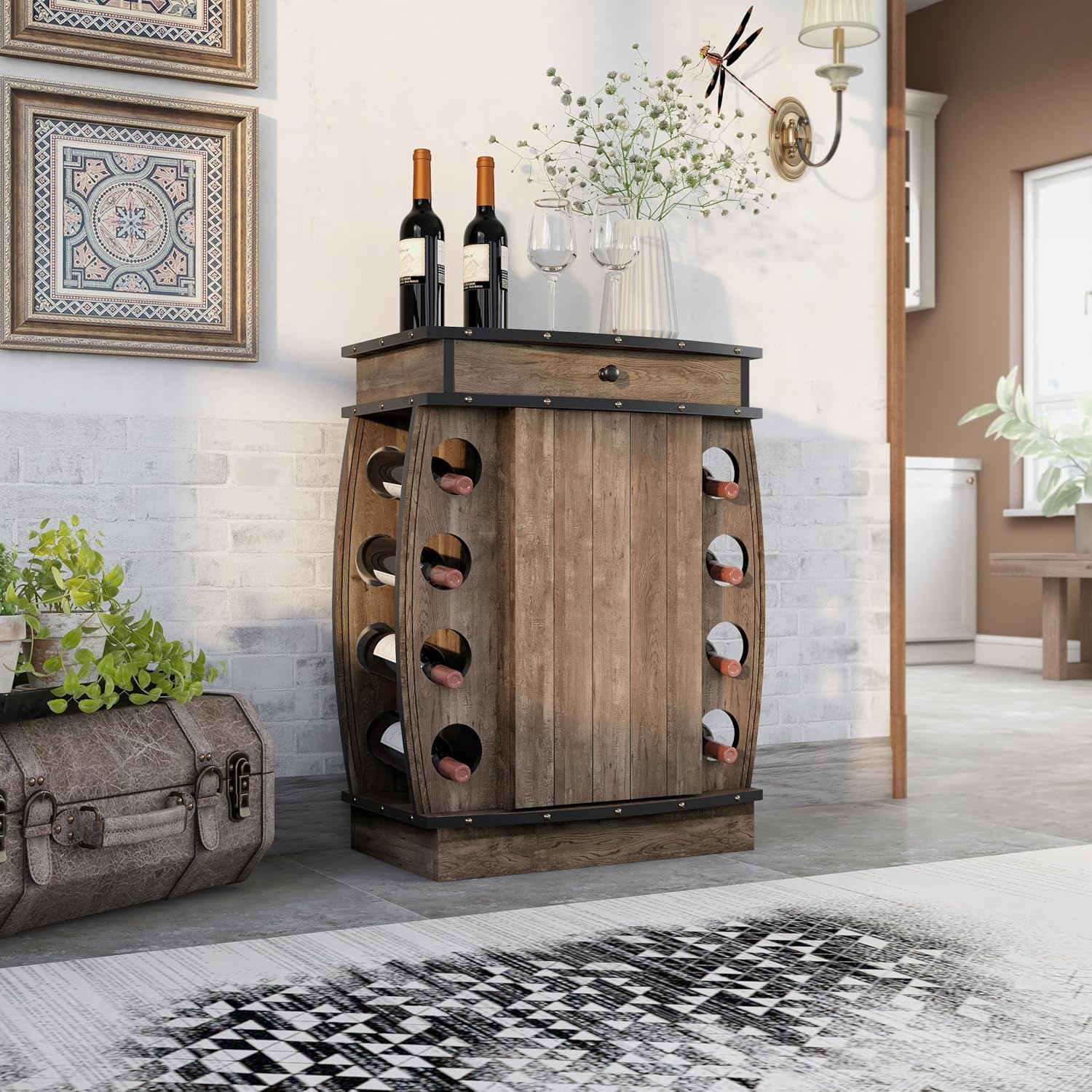 24/7 Shop at Home Delia Vintage 8 Bottle Small Wine Cabinet with Storage, Indoor Home Bar Furniture, Glass Holder, Drawer, Adjustable Shelf for Kitchen, Living Room, Apartment, Dining Room, Oak Brown