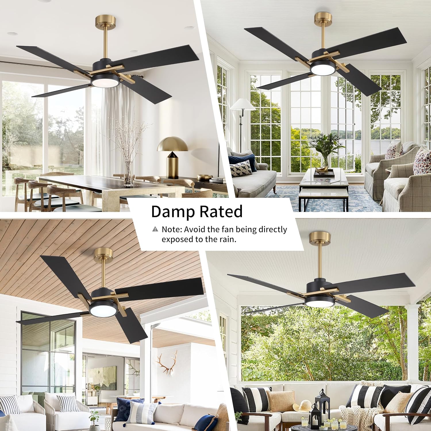 WINGBO 54 Inch Ceiling Fan with Light and Remote, 4 Plywood Blades, 6-Speed Reversible DC Motor, Dimmable, 3CCT, Farmhouse Ceiling Fan for Bedroom Living Room Kitchen, Brass and Black