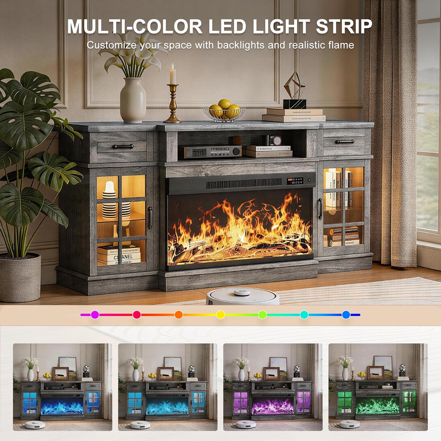 MXV 70' Fireplace TV Stand, 3-Sided Glass Fireplace and Modern Entertainment Center, Wooden Media Console with Glass Doors & Storage Drawers, LED Light, for Living Room, Grey
