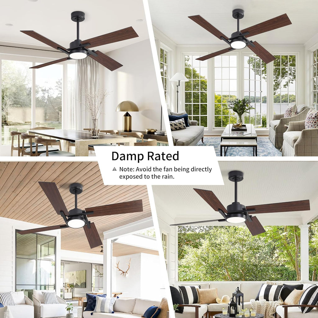 WINGBO 72 Inch Ceiling Fan with Light and Remote, 4 Plywood Blades, 6-Speed Reversible DC Motor, Dimmable, 3CCT, Farmhouse Ceiling Fan for Bedroom Living Room Kitchen, Black and Walnut/Shadowed Walnut