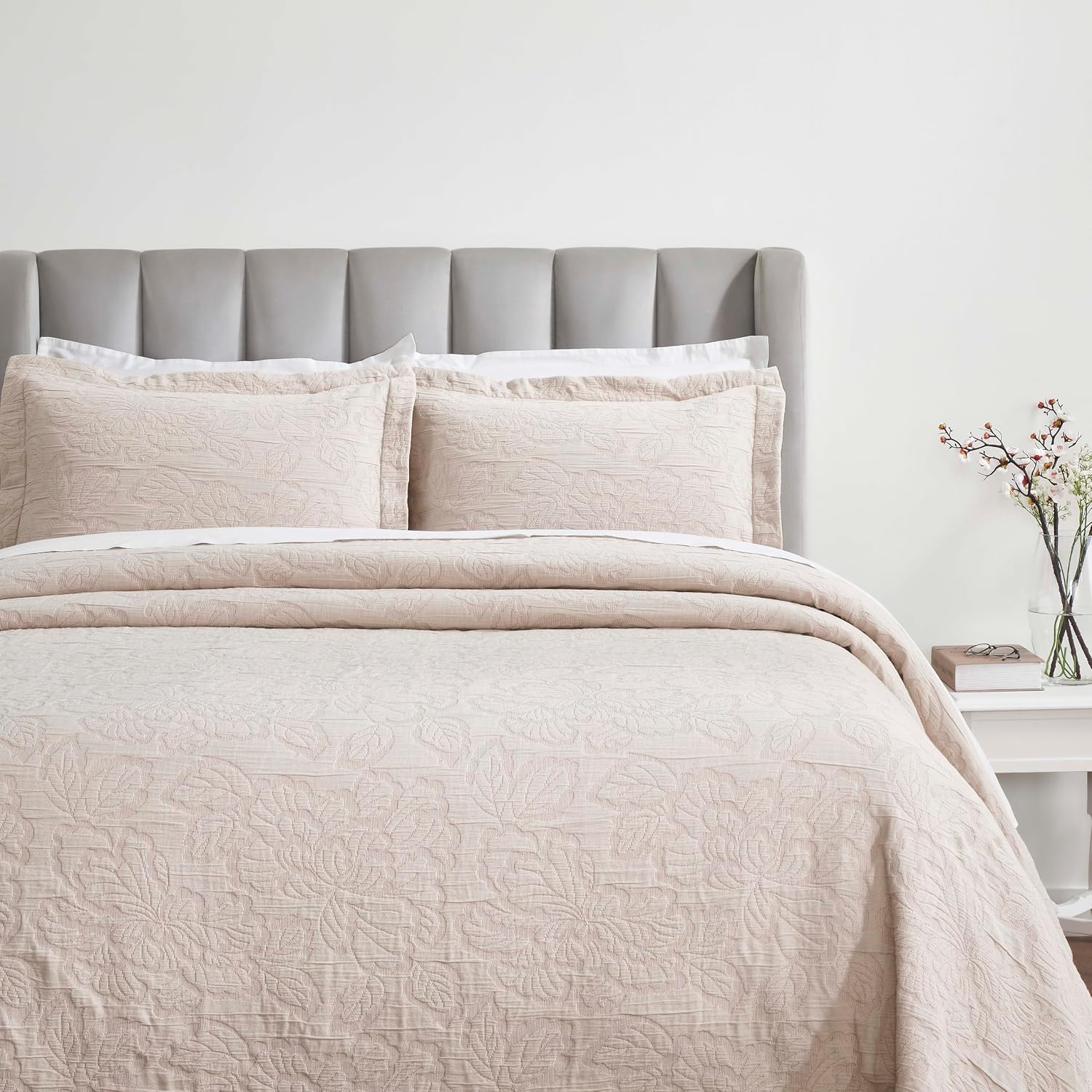 Superior 3 Piece Cotton Bedspread Set, Home Bed Decor, Decorative Bed Spread, 2 Pillow Shams, Medium Weight Blanket, Matelasse Coverlet Bedding, Hibiscus Collection, California King, Blush