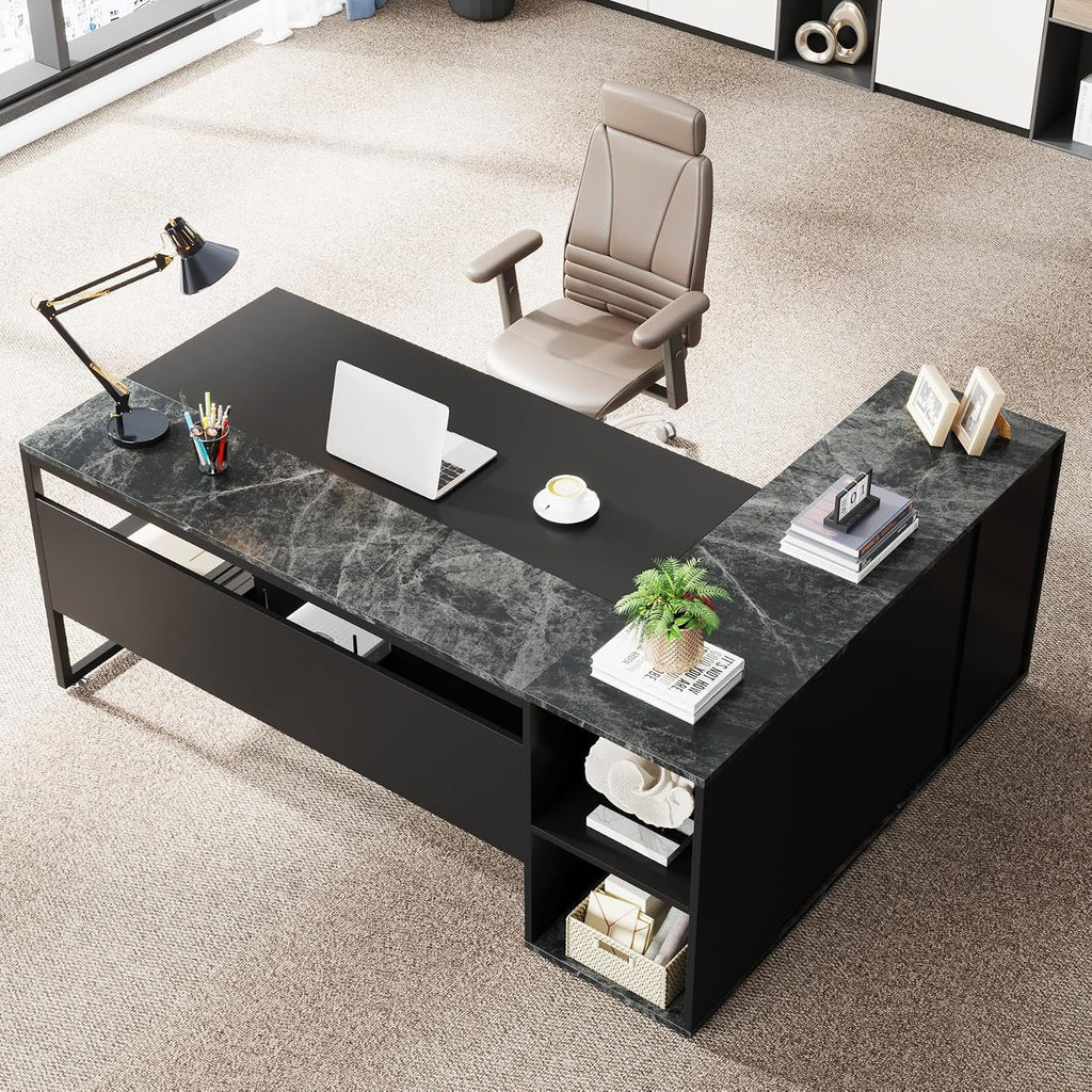 LITTLE TREE Large Executive Desk with File Cabinet, 71 inch L Shaped Computer Desk Office Desk with Drawers and Storage Shelves, Business Furniture Desk Workstation for Home Office, Black