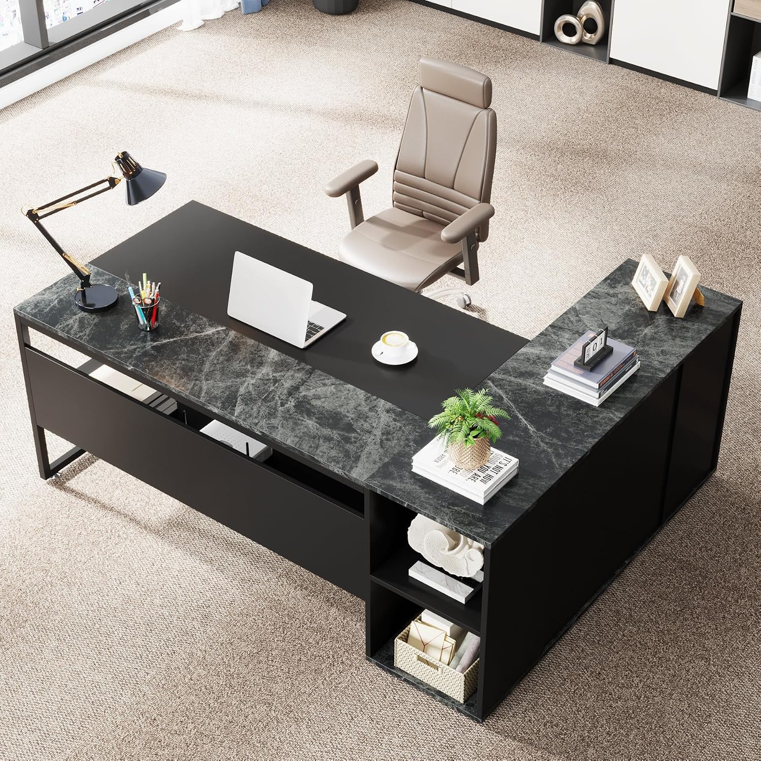 LITTLE TREE Large Executive Desk with File Cabinet, 71 inch L Shaped Computer Desk Office Desk with Drawers and Storage Shelves, Business Furniture Desk Workstation for Home Office, Black