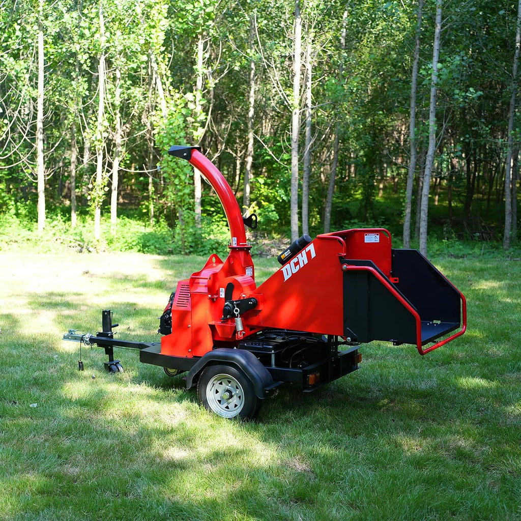 MechMaxx 7'' inch Honda 688cc 22HP Twin Cylinder Electric Starting Gasoline Powered Engine Hydraulic Feeding Towable Wood Chipper Shredder Mulcher with Towbar/Tail Light/Emergency Stop Bar, DCH7
