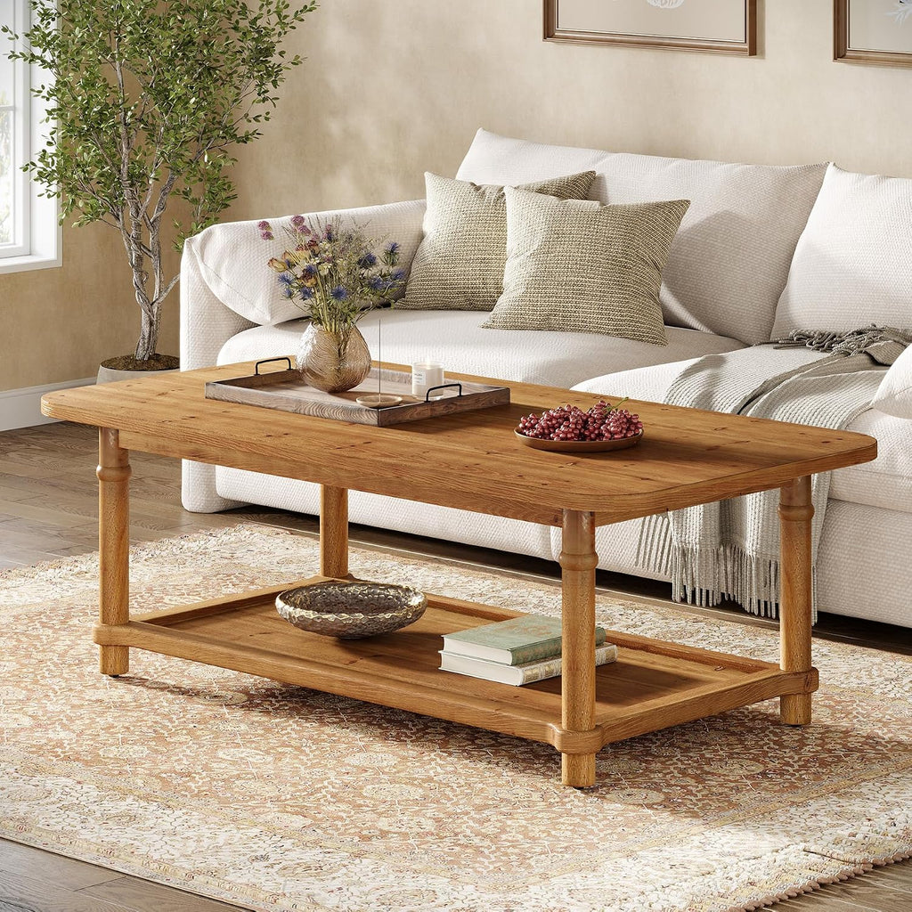 47' Rectangle Coffee Table, Solid Wood Center Table with 2-Tier Storage, Modern Farmhouse Coffee Furniture for Living Room, Home & Family Room, Light Brown