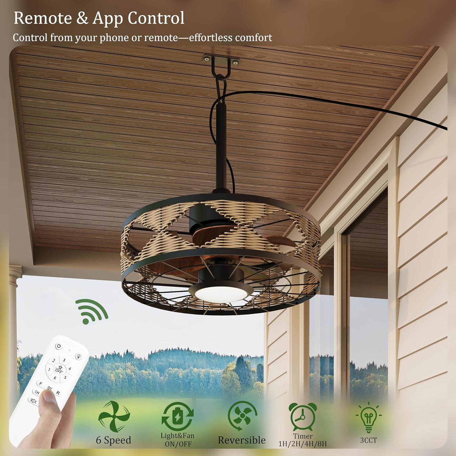 Boho Outdoor Ceiling Fans for Patios, 20 Inch Waterproof Plug In Ceiling Fan with Light, 3CCT, Rattan Caged Gazebo Fan Light with Remote and App Control, 6 Speed Reversible for Pergola, Porch, Indoor