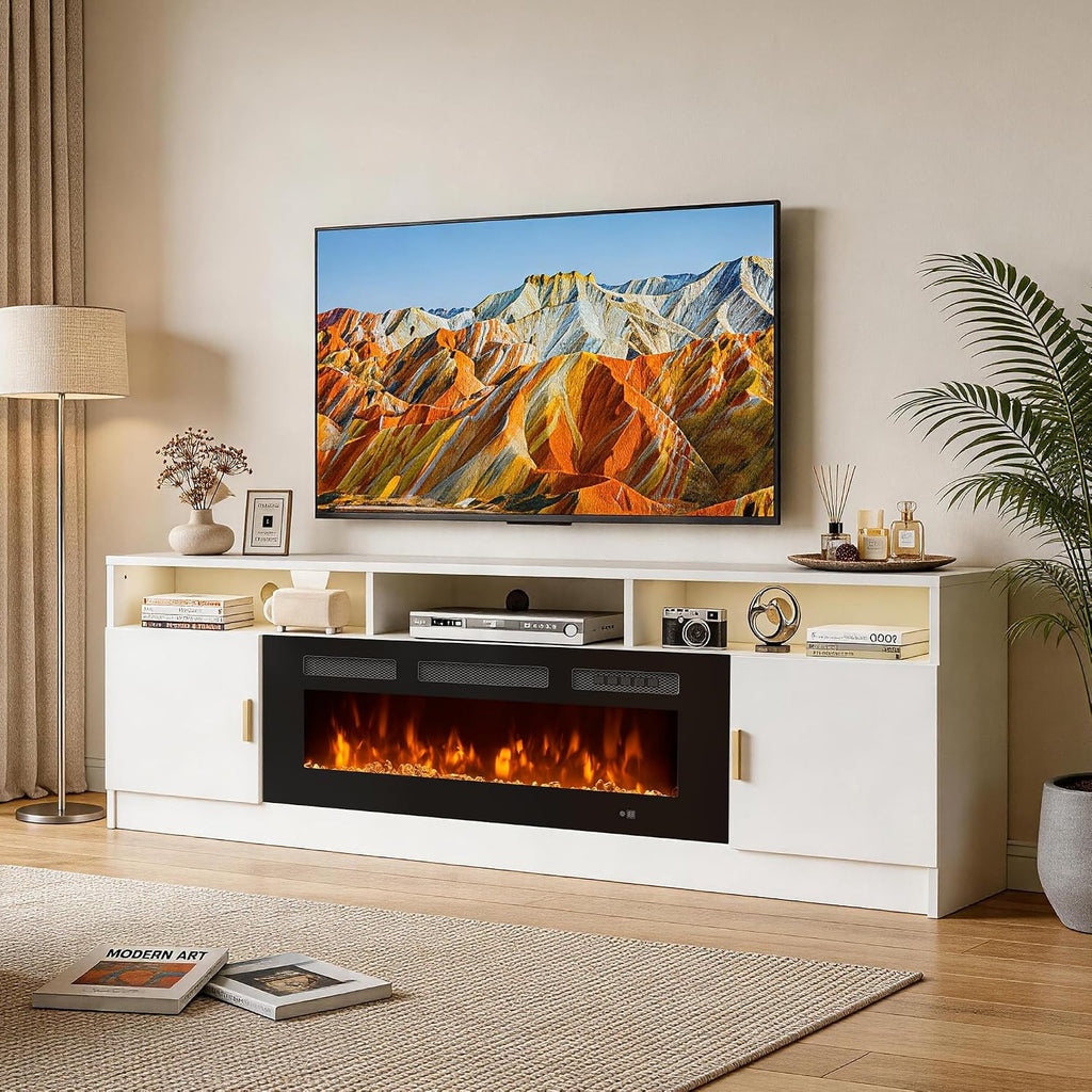 70' Fireplace TV Stand with Power Outlet, Electric Fireplace Entertainment Center with Storage Cabinets, Fits TVs up to 80', TV Console with LED Lights for Living Room, Office, White-Black