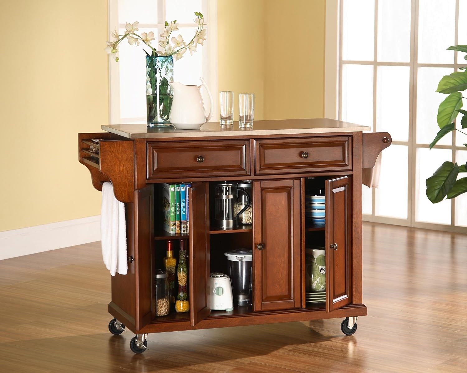 Crosley Furniture Full Size Stainless Steel Rolling Kitchen Island Storage Cart, Microwave Stand, Spice Rack, Cherry