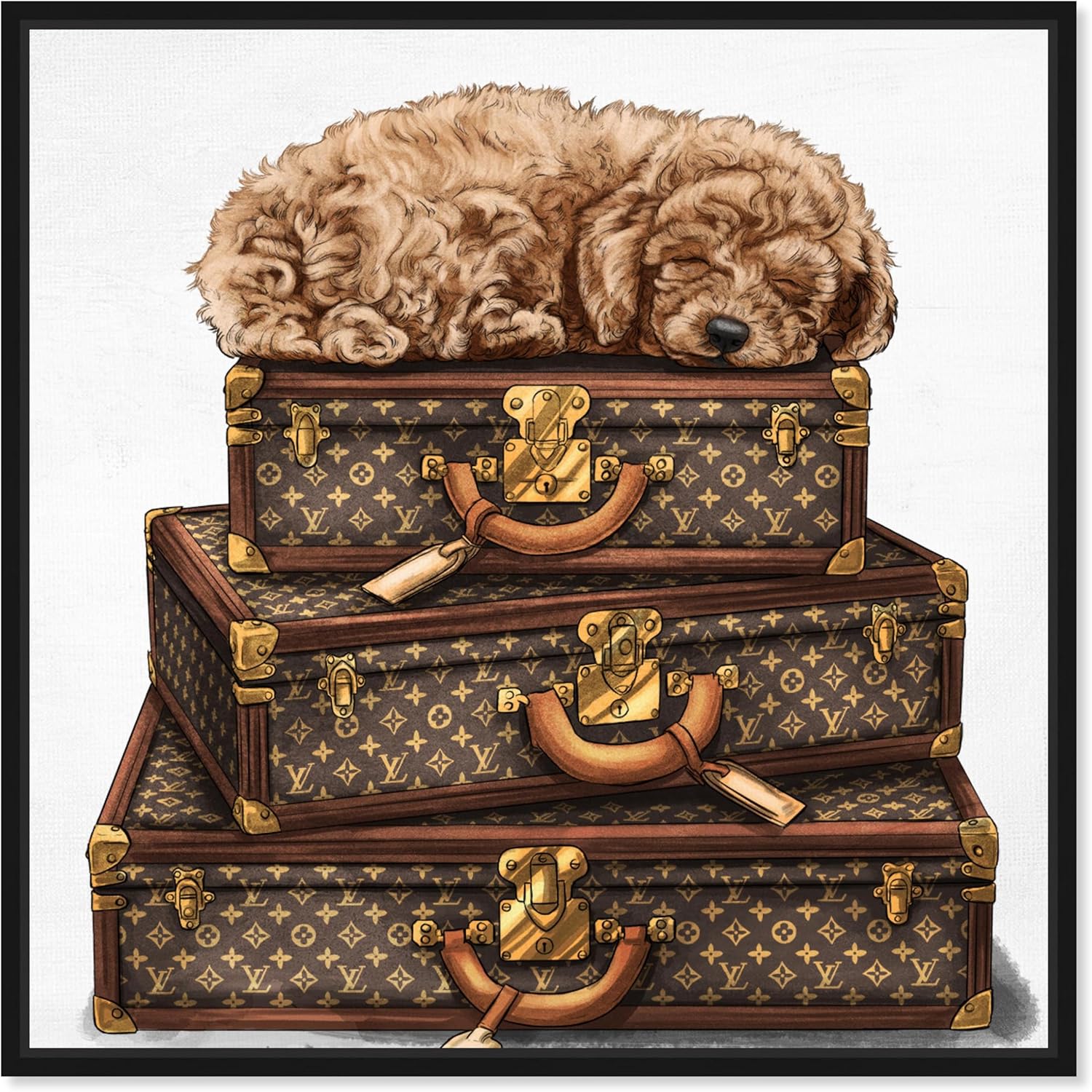 The Oliver Gal Artist Co. Fashion and Glam Framed Wall Art Canvas Prints 'Sleeping Poodle' Travel Essentials Home Décor, 20 in x 20 in, Brown, White