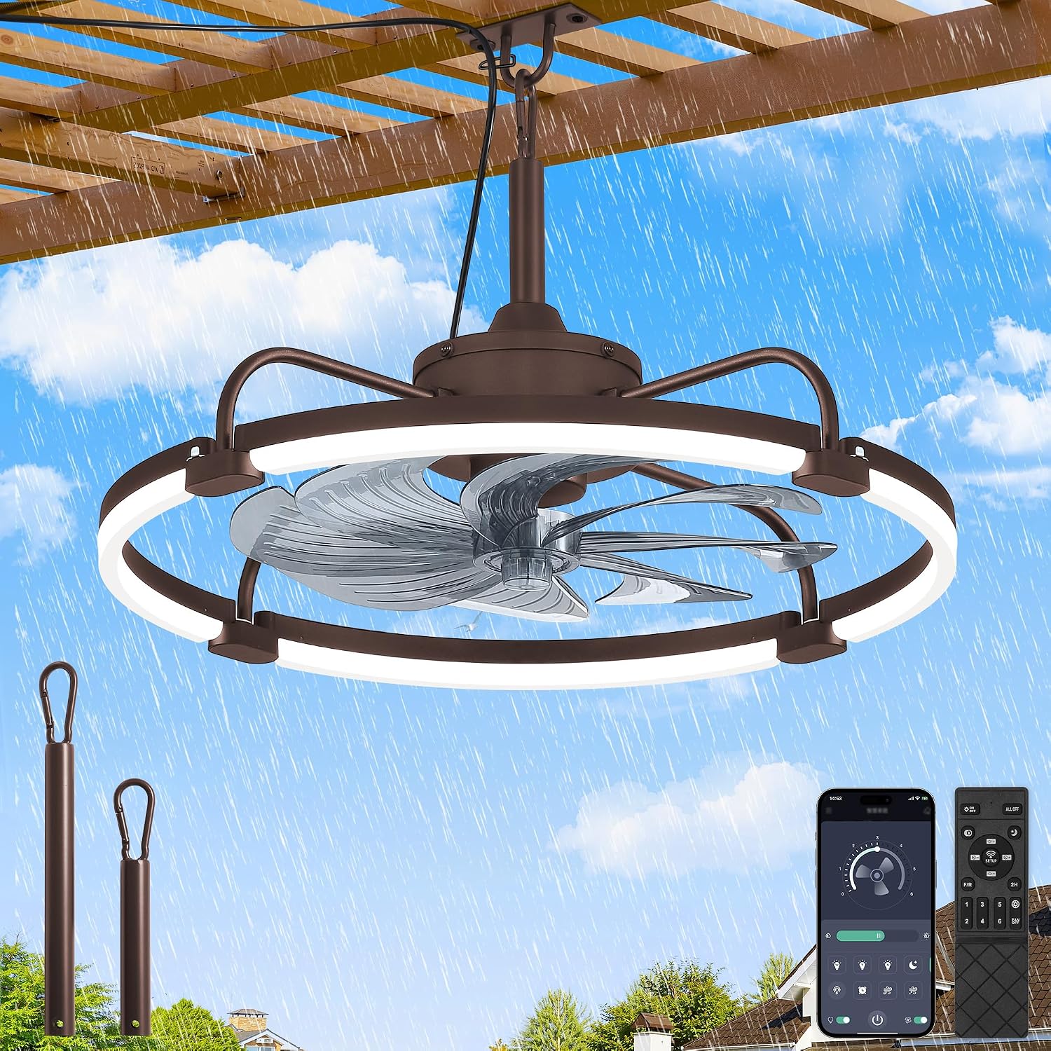 LEDIARY 24' Outdoor Ceiling Fans with Light for Patios, IP65 Waterproof Gazebo Fan, Plug-in Hanging Fan Remote&APP Control, 3CCT Dimmable, 6-Speeds, Caged Ceiling Fan for Gazebo,Patio,Pergola,Porch