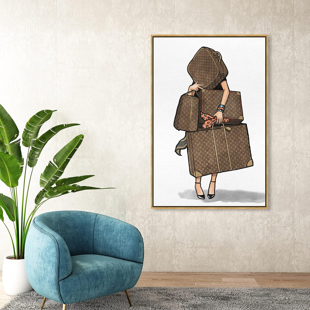 The Oliver Gal Artist Co. Fashion and Glam Framed Wall Art Canvas Prints, Bags-Orange' Travel Essentials Home Décor, 36 in x 54 in, Brown, White