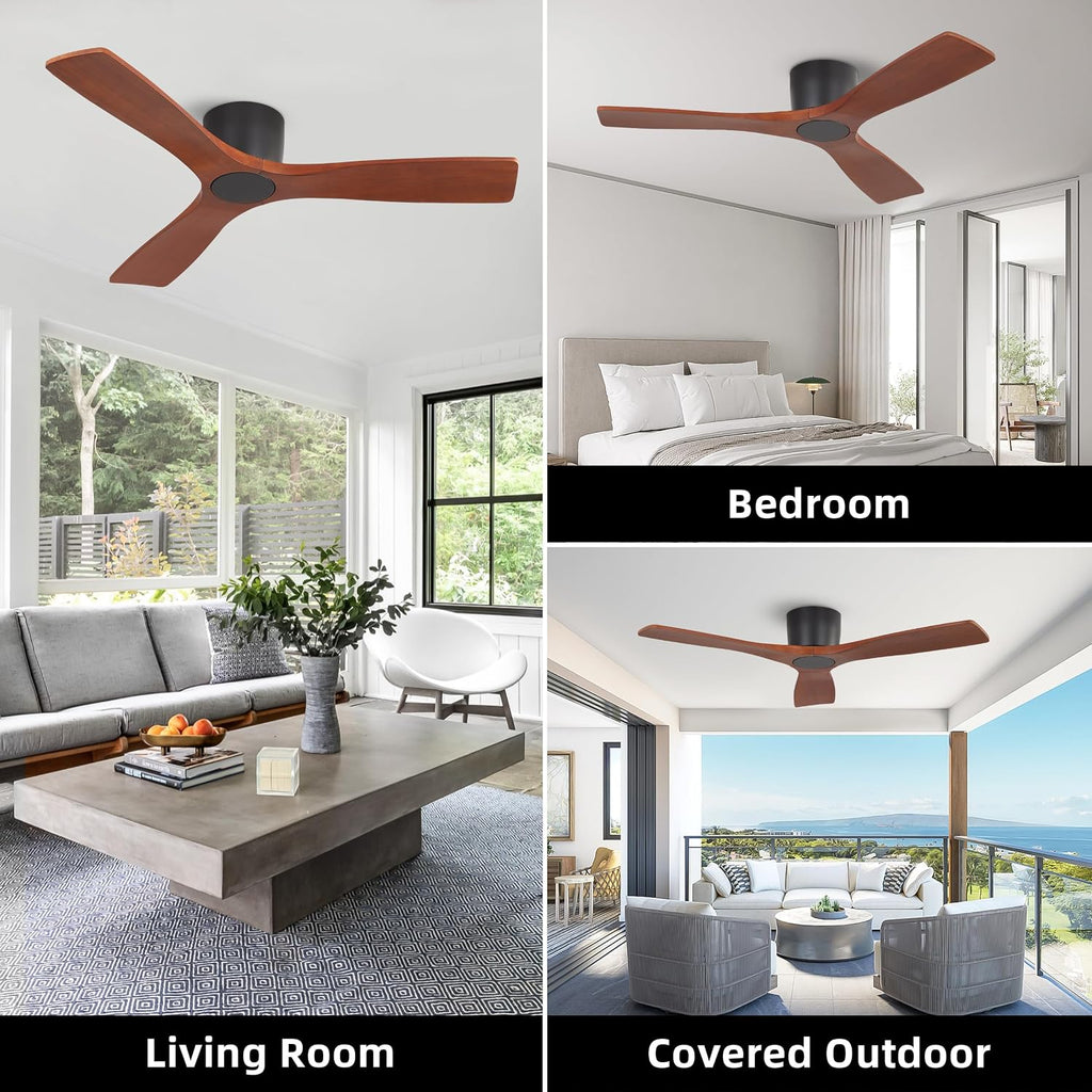 WINGBO 48 Inch Flush Mount DC Ceiling Fan without Lights, 3 Carved Wood Blades, 6-Speed Noiseless Reversible DC Motor, Hugger Ceiling Fan No Lights in Black Finish with Walnut Blades, ETL Listed