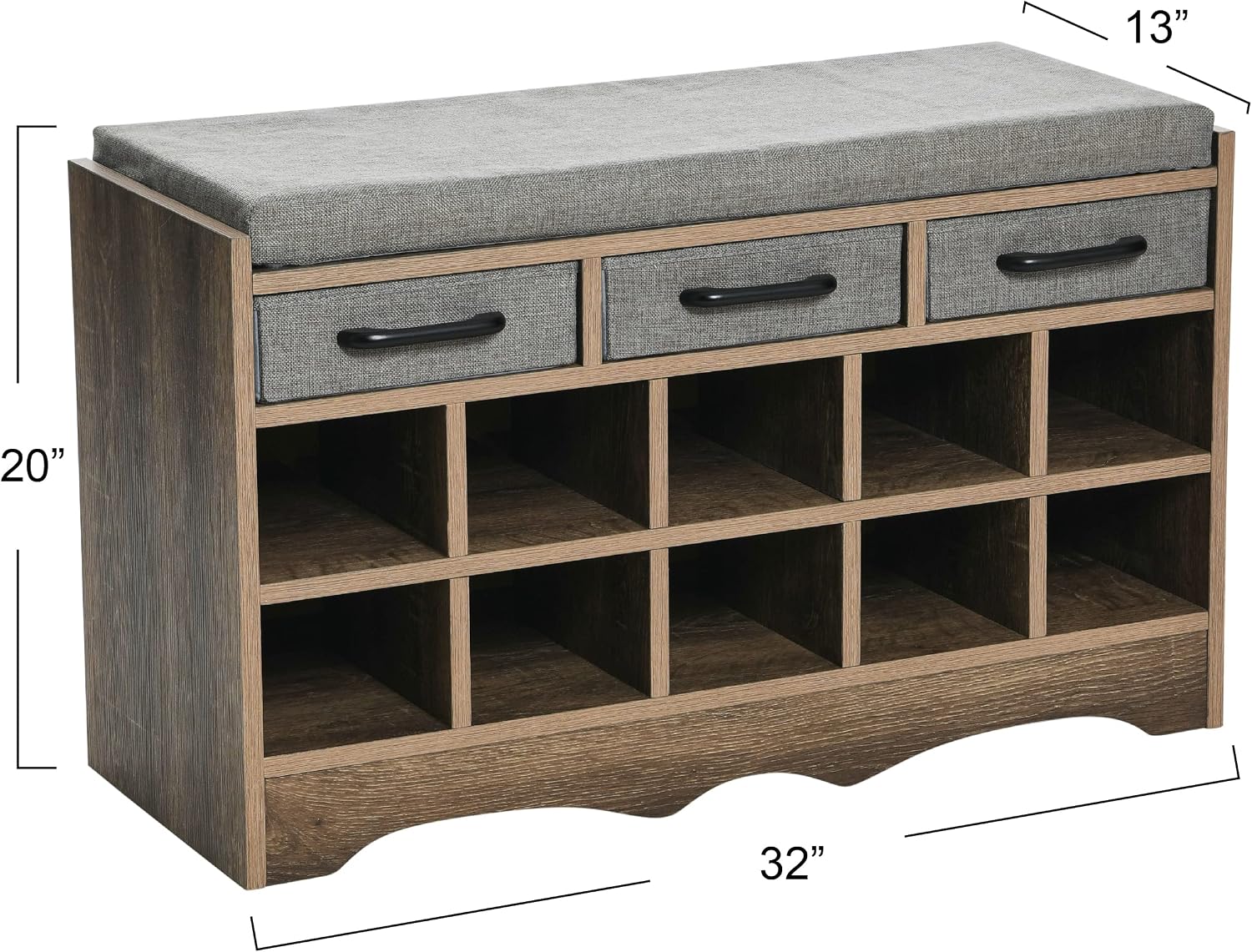 Household Essentials Entryway Storage Bench with 3 Grey Drawers 10 Shoe Compartments and Cushioned Seat in Ashwood Rustic Wood Grain