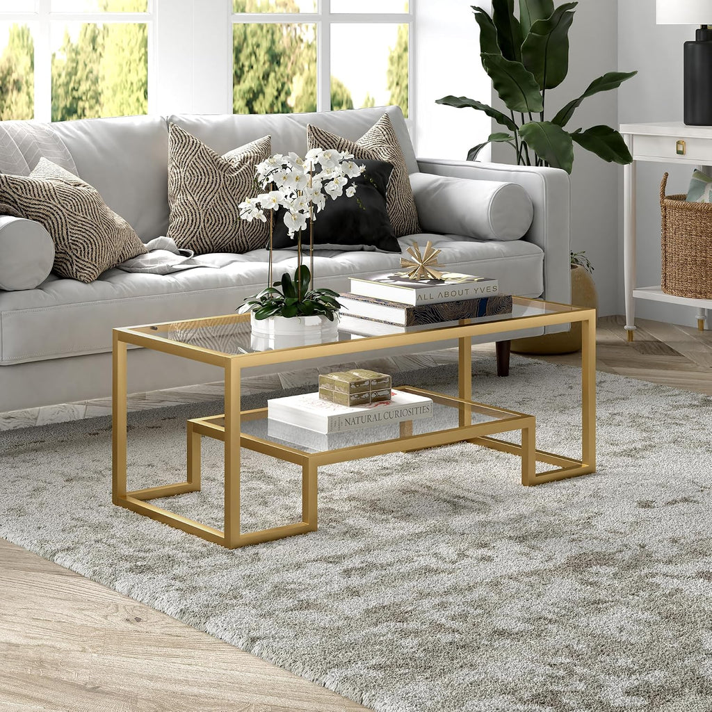 Henn&Hart 45' Rectangular Coffee Table with Glass Top and Raised Lower Shelf for Living Room, Family Room, or Office, Gold