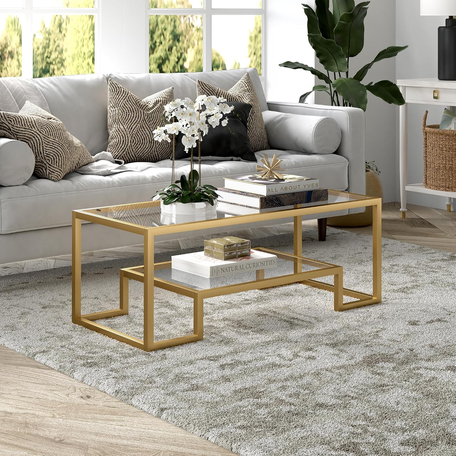 Henn&Hart 45' Rectangular Coffee Table with Glass Top and Raised Lower Shelf for Living Room, Family Room, or Office, Gold
