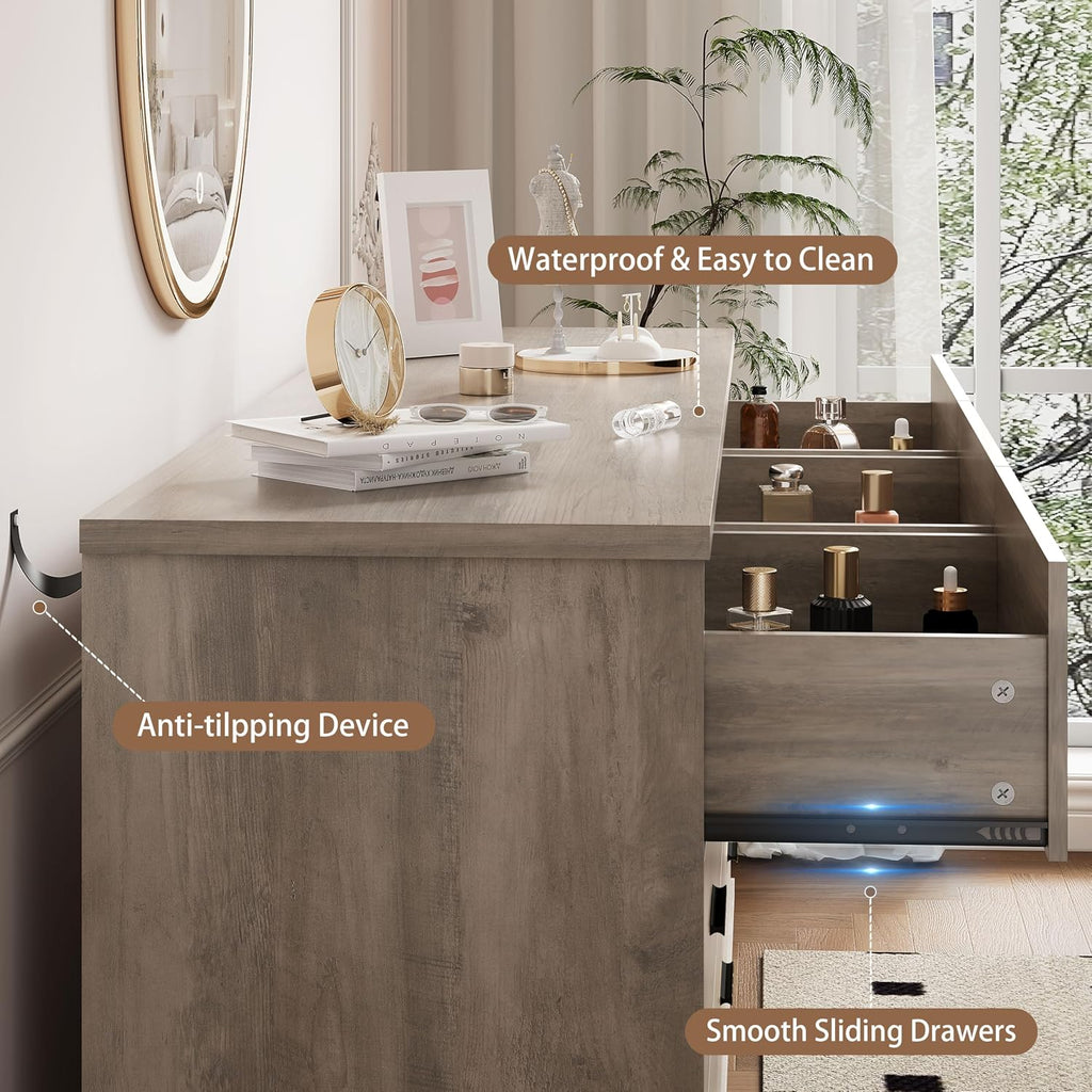 Xixini Dresser for Bedroom, 9 Drawer Wide Modern Chest of Drawers with X-Shaped Sturdy Base, Wood Double Dresser Closet Clothes Storage Organizer, Wooden TV Stand for Living Room, Hallway, Grey