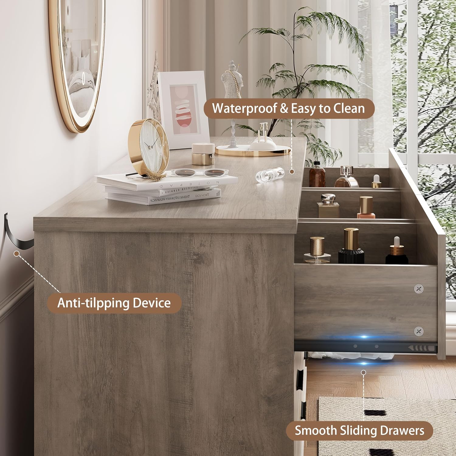 Xixini Dresser for Bedroom, 9 Drawer Wide Modern Chest of Drawers with X-Shaped Sturdy Base, Wood Double Dresser Closet Clothes Storage Organizer, Wooden TV Stand for Living Room, Hallway, Grey