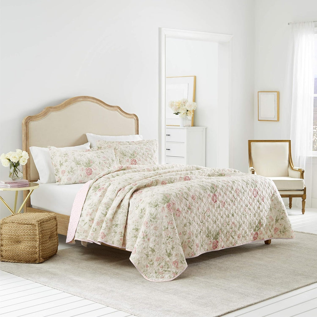 Laura Ashley - King Quilt Set, Reversible Cotton Bedding with Matching Shams, Lightweight Home Decor for All Seasons (Breezy Floral Pink/Green, King)