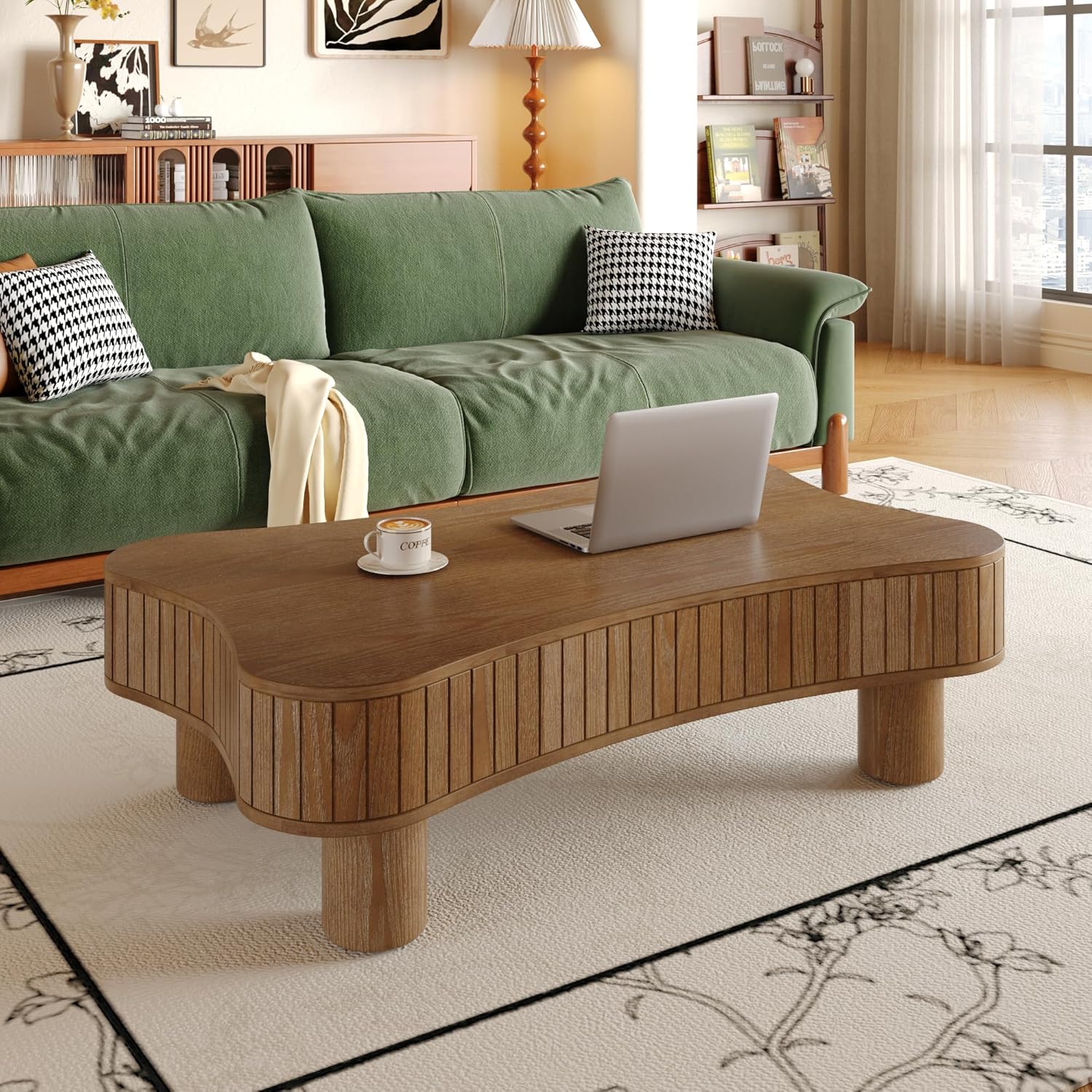 Zurnes Lift Top Coffee Table with Storage, 42' Accent Table for Living Room, Fluted Panel Hidden Storage, Silent Hydraulic Lift, Curved Corners, Easy Assembly, Walnut