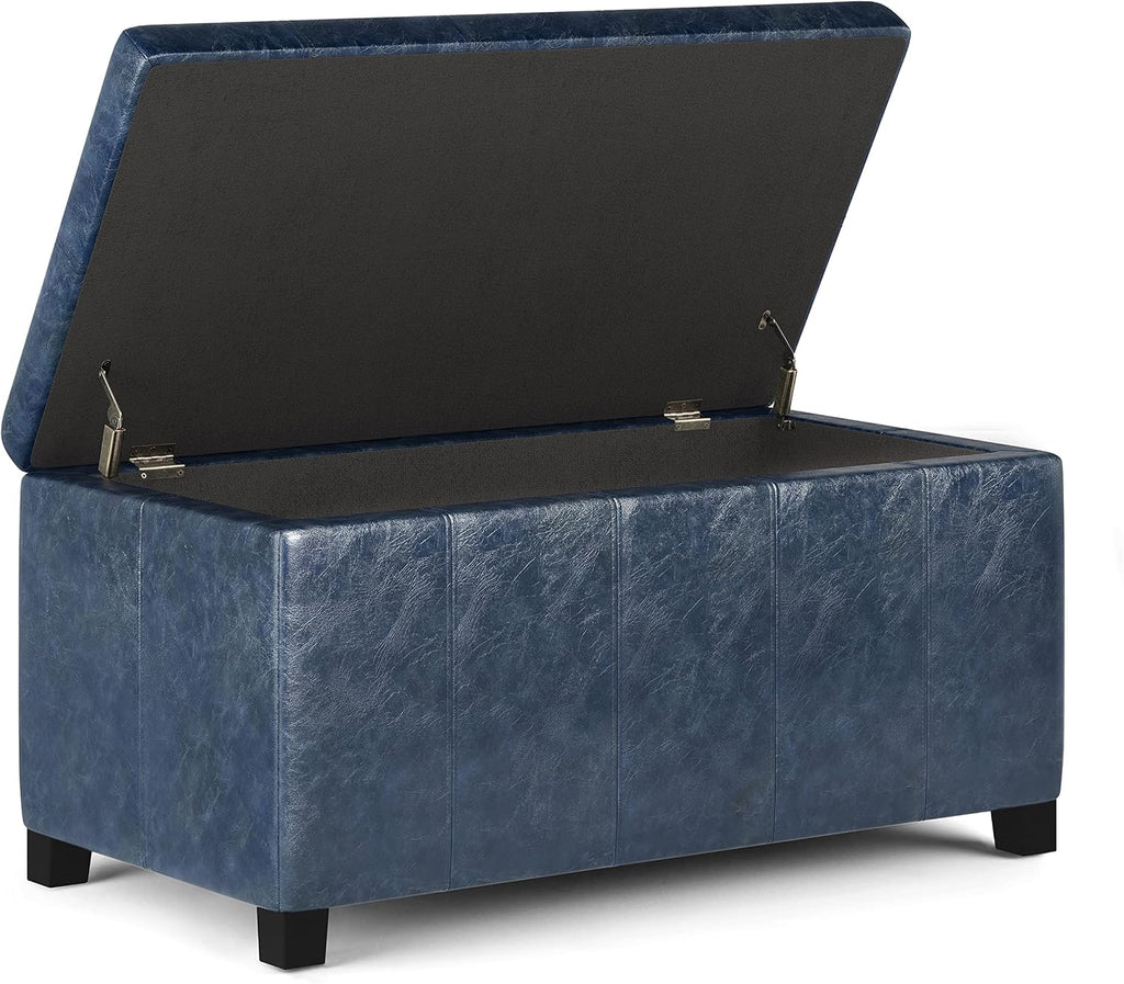 SIMPLIHOME Dover Storage Ottoman Bench - 36 inch Wide Upholstered Vegan Leather Rectangular Lift-Top Ottoman in Denim Blue, Contemporary Bench for Living Room with Safety Hinges