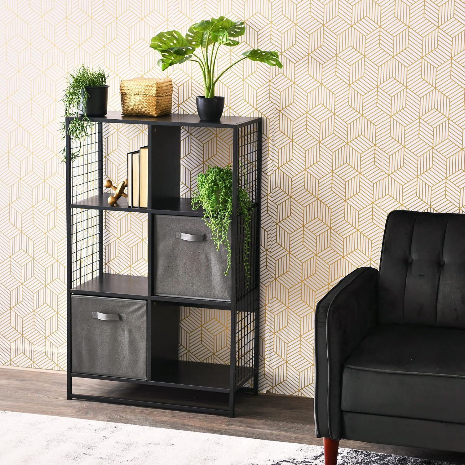 Household Essentials Black Oak & Iron Six Cube Wall Shelf